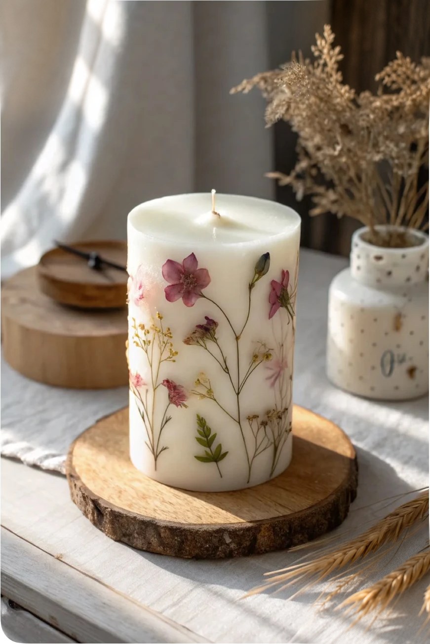 Grande bougie blanche décorée de fleurs séchées pressées, posée sur un rondin de bois brut