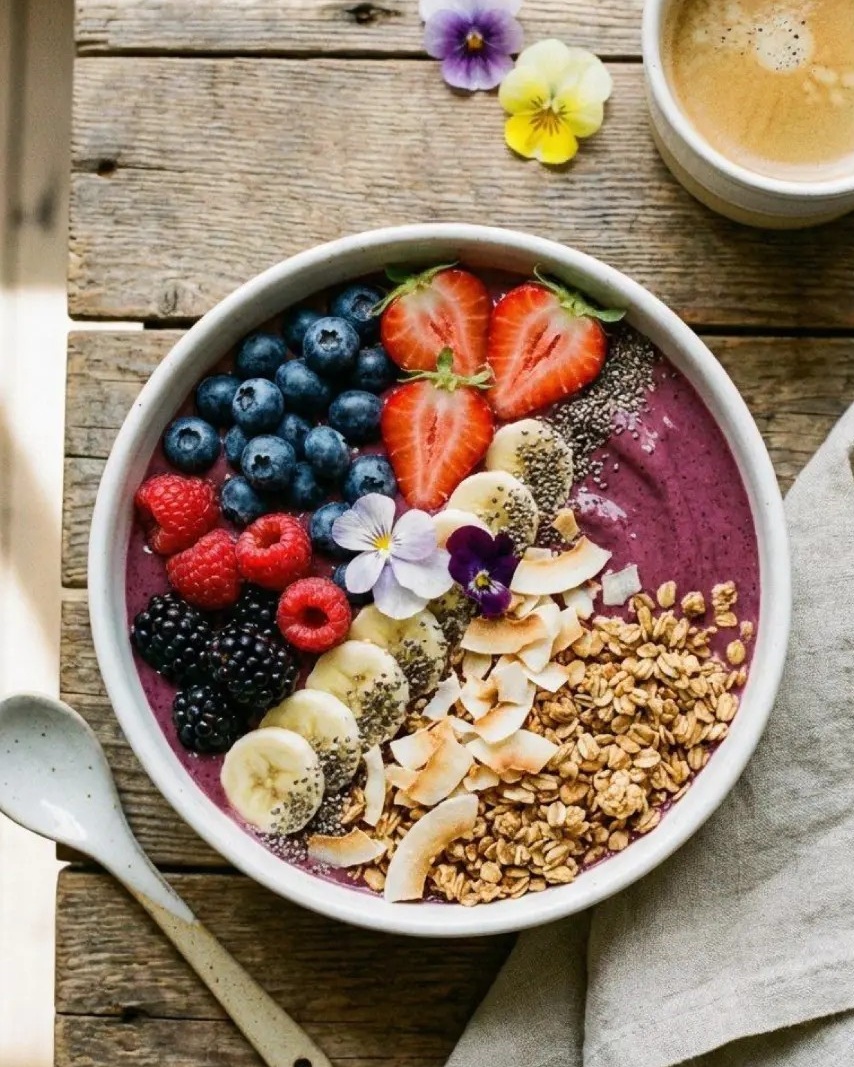 Bol de smoothie violet garni de fraises, myrtilles, framboises, banane, granola, noix de coco et fleurs comestibles, sur une table en bois brut