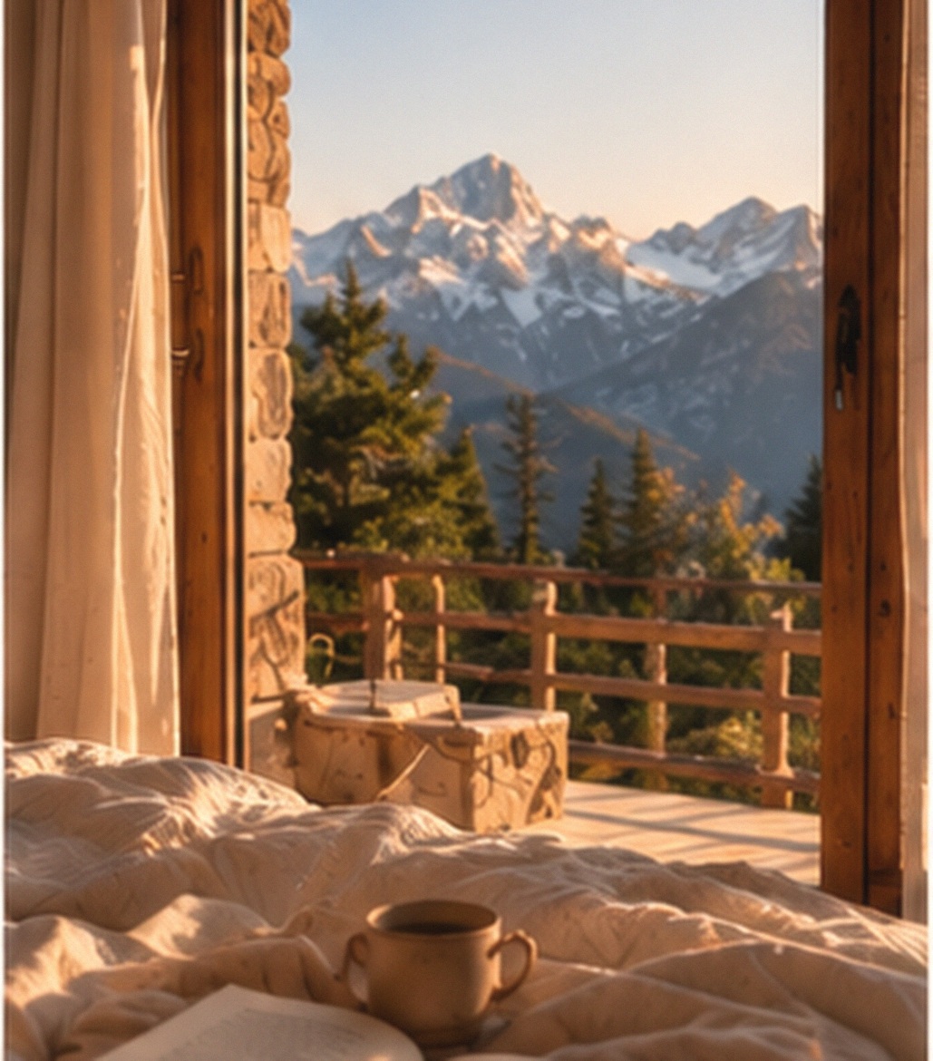 Matin dans la chambre : livre ouvert et tasse posés sur la couette, la porte ouverte sur la terrasse en bois et les sommets enneigés au soleil levant