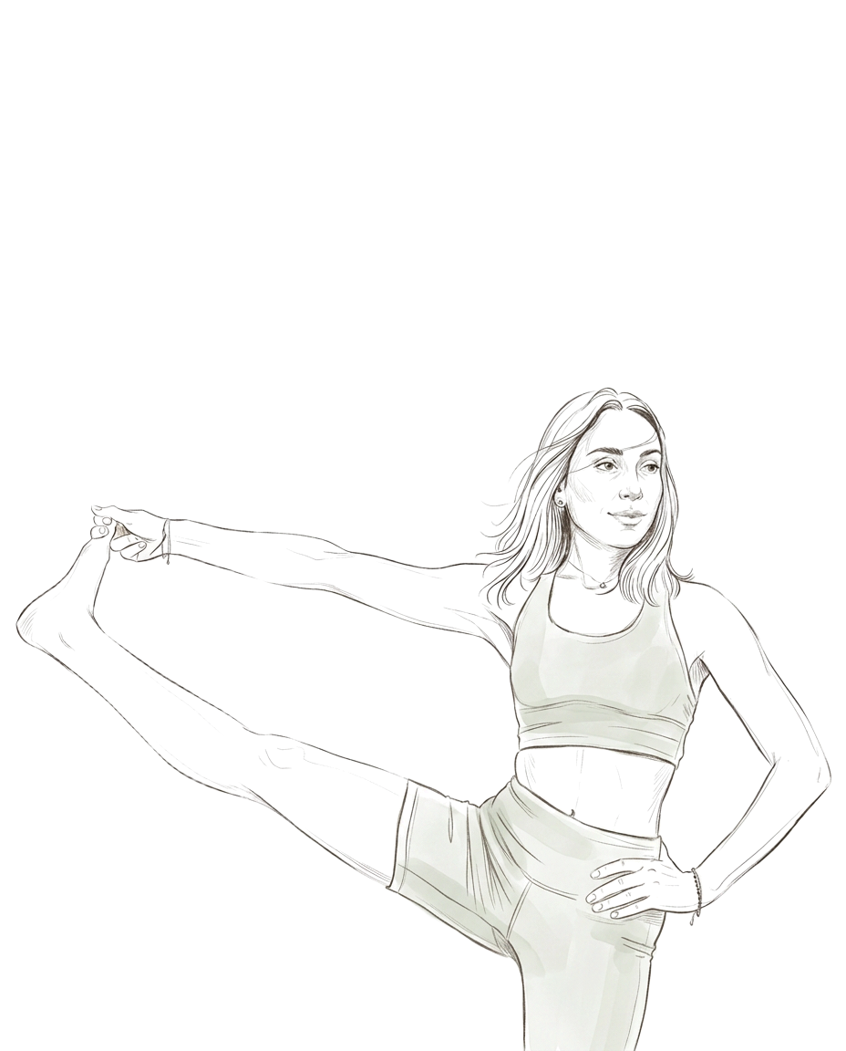 Croquis éditorial de Clarine en posture de yoga, réalisé à partir de sa photo