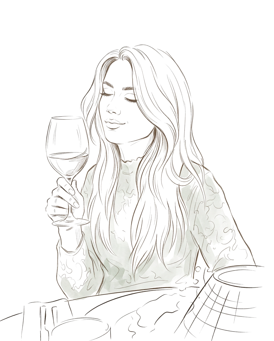 Illustration au trait de Valentine avec son verre de vin, réalisée à partir de sa photo